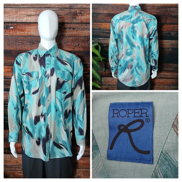 Roper Shirt Mens XL Vintage 80s Western Button Front Top Abstract Cotton US Made - Picture 1 of 10